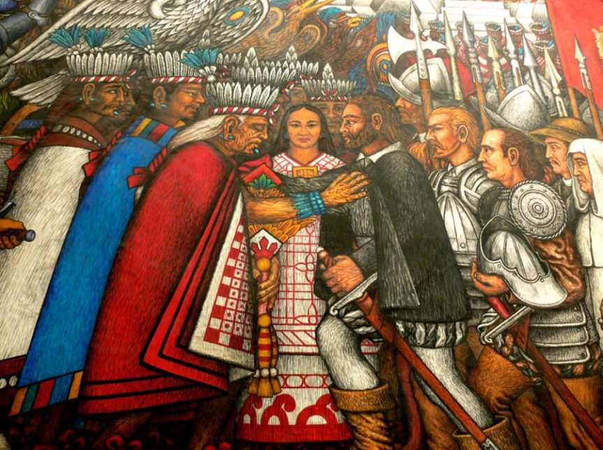 Mural in Tlaxacala. This image is also on the cover of Prof. Ybarra's book Performing Conquest 